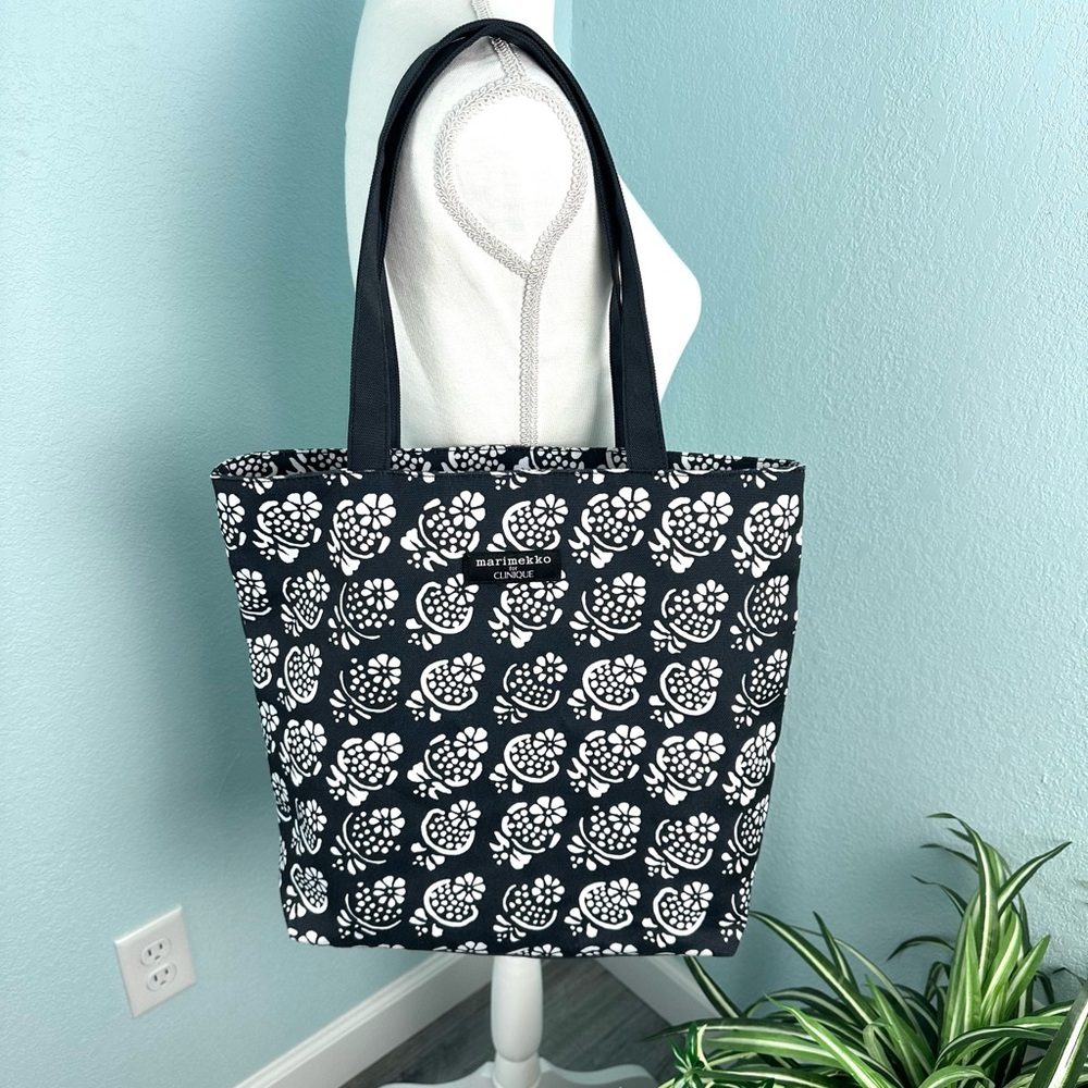Clinique x Marimekko Tote Bag Black White Floral Canvas NWOT Limited Edition